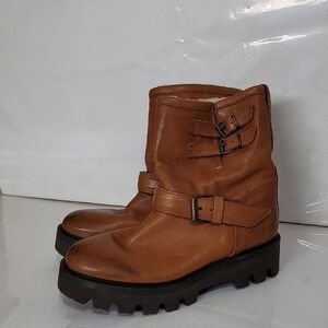 Ross & Snow Lucky Waterproof Cognac Leather Moto Ankle Boots Womens Size 7.5